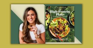 A smiling woman holds a cookie beside a book cover titled "The High-Protein Plate," which features a colorful bowl of food with various ingredients.