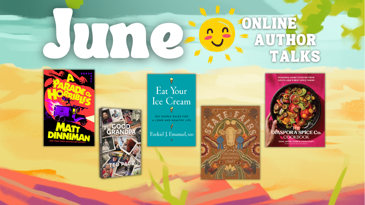 Promotional image for June online author talks featuring five book covers against a colorful sunrise background.