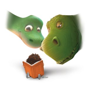 Two green dinosaurs looking at a child reading an orange book.