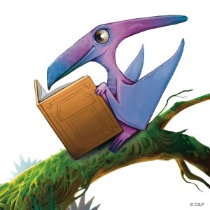 A cartoon pterosaur with purple and blue hues reads a book while perched on a green branch.