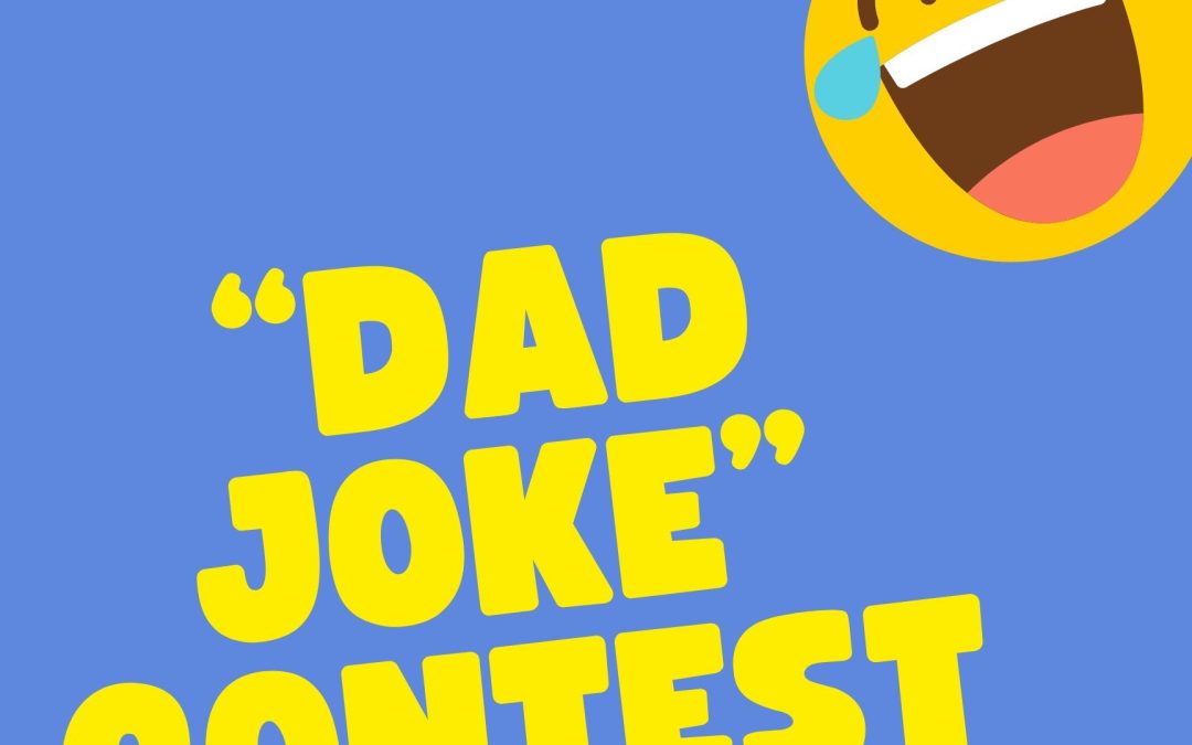 Yellow text on a blue background with words Dad Joke Contect